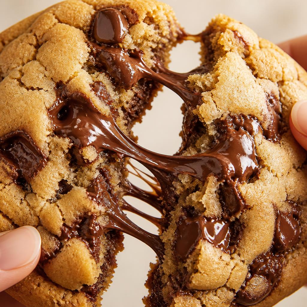 Galleta gigante de chocolate partida a la mitad con chocolate derretido estirándose